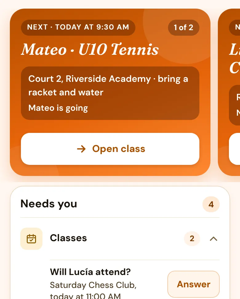 A family’s home screen with a tennis lesson and a chess club class